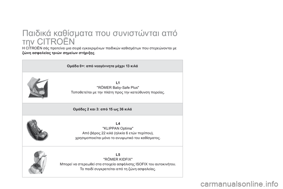 CITROEN DS3 2015  ΟΔΗΓΌΣ ΧΡΉΣΗΣ (in Greek) DS3_el_Chap09_securite-enfants_ed01-2014
Παιδικά καθίσματα που συνιστώνται από 
την CITROËN
Η CITROËN σάς προτείνει μια σειρά εγκεκρι