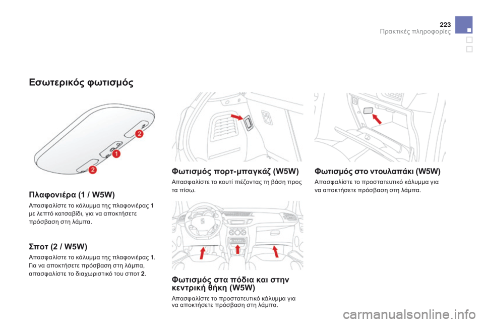CITROEN DS3 2015  ΟΔΗΓΌΣ ΧΡΉΣΗΣ (in Greek) 223
DS3_el_Chap10_info-pratiques_ed01-2014
Εσωτερικός φωτισμός
Πλαφονιέρα (1 / W5W)
Απασφαλίστε το κάλυμμα της πλαφονιέρας 1 
μ ε λεπ