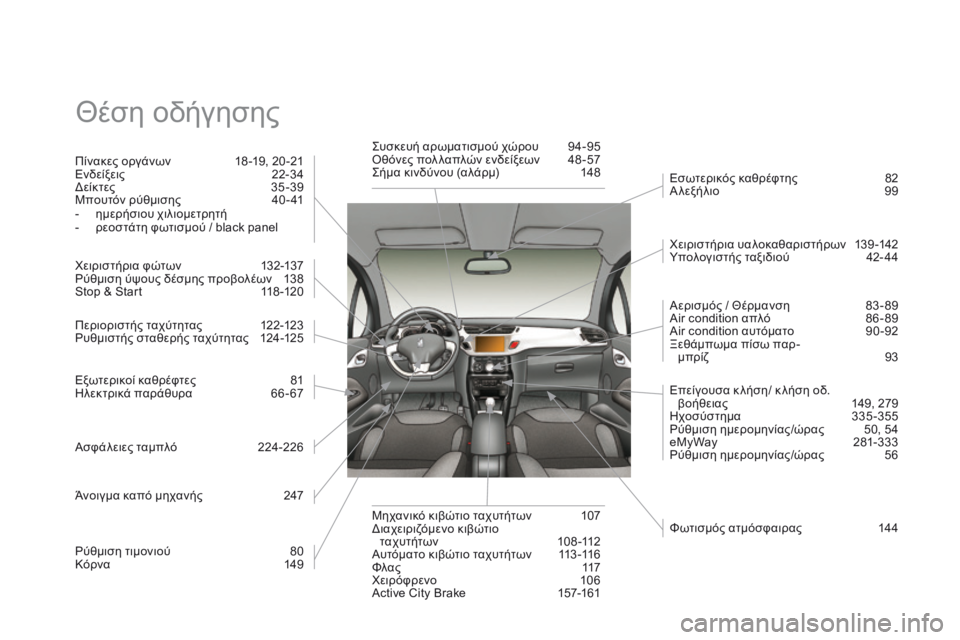 CITROEN DS3 2015 ΟΔΗΓΌΣ ΧΡΉΣΗΣ (in Greek) DS3_el_Chap14_index-recherche_ed01-2014
Θέση οδήγησης
Πίνακες οργάνων 18 -19, 20 -21
Ενδείξεις 2 2-34
Δείκτες
35
-39
Μπουτόν ρύθμισης
4
0-4 CITROEN DS3 2015 ΟΔΗΓΌΣ ΧΡΉΣΗΣ (in Greek) DS3_el_Chap14_index-recherche_ed01-2014
Θέση οδήγησης
Πίνακες οργάνων 18 -19, 20 -21
Ενδείξεις 2 2-34
Δείκτες
35
-39
Μπουτόν ρύθμισης
4
0-4