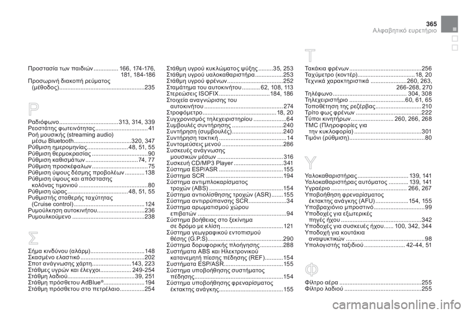 CITROEN DS3 2015 ΟΔΗΓΌΣ ΧΡΉΣΗΣ (in Greek) 365
DS3_el_Chap14_index-recherche_ed01-2014
Ραδιόφωνο .................................... 313, 314, 339
Ρεοστάτης φωτεινότητας ................................41
Ρ
ο CITROEN DS3 2015 ΟΔΗΓΌΣ ΧΡΉΣΗΣ (in Greek) 365
DS3_el_Chap14_index-recherche_ed01-2014
Ραδιόφωνο .................................... 313, 314, 339
Ρεοστάτης φωτεινότητας ................................41
Ρ
ο