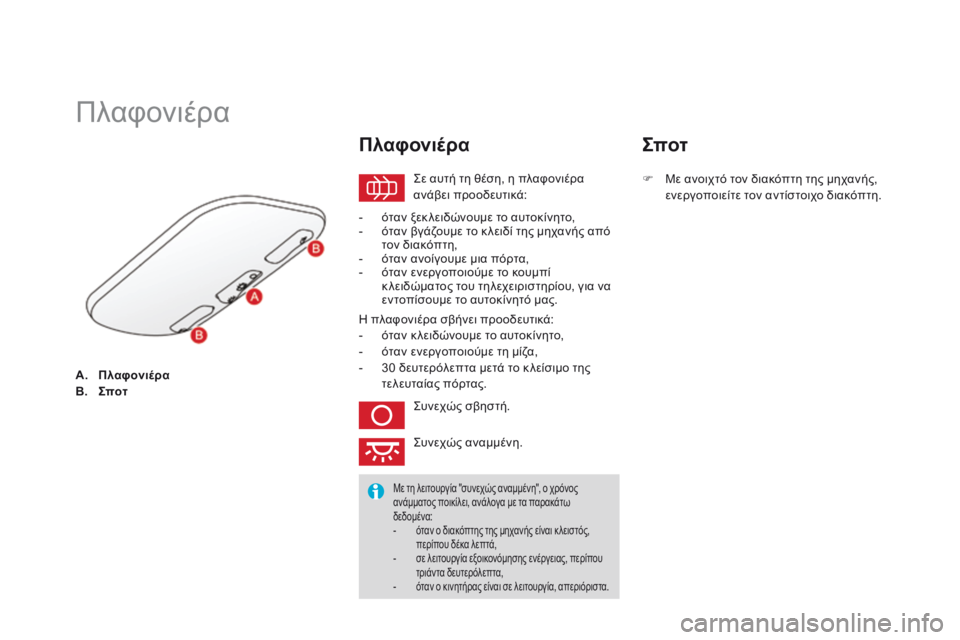 CITROEN DS3 2014  ΟΔΗΓΌΣ ΧΡΉΣΗΣ (in Greek) A.    ΠλαφονιέραB.    Σποτ
            Πλαφονιέρα 
 Σε αυτή τη θέση, η πλαφονιέρα ανάβει προοδευτικά: 
  Π λ α φ ο ν ι έ ρ α  
