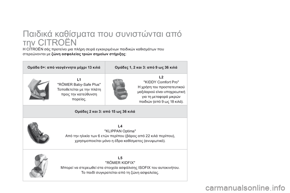 CITROEN DS3 2014  ΟΔΗΓΌΣ ΧΡΉΣΗΣ (in Greek)             Παιδικά καθίσματα που συνιστώνται από 
την CITROËN 
 Η CITROËN σάς προτείνει μια πλήρη σειρά εγκεκριμένων παι