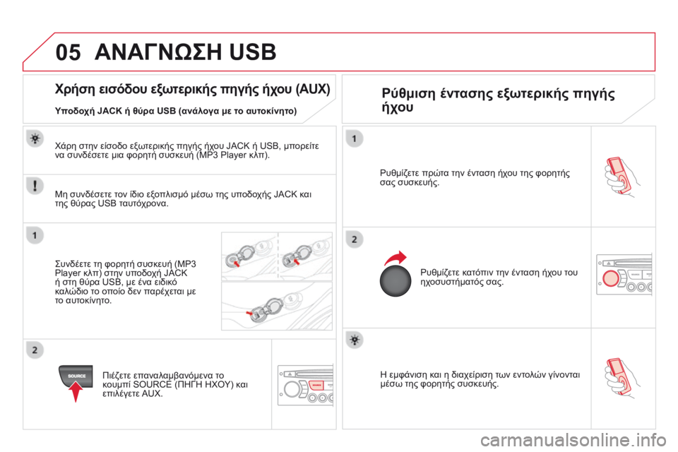 CITROEN DS3 2014  ΟΔΗΓΌΣ ΧΡΉΣΗΣ (in Greek) 05
  Η εμφάνιση και η διαχείριση των εντολών γίνονται μέσω της φορητής συσκευής.   
  Ρυθμίζετε πρώτα την ένταση 
