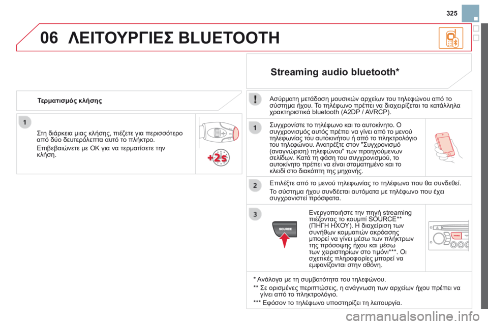 CITROEN DS3 2014 ΟΔΗΓΌΣ ΧΡΉΣΗΣ (in Greek) 325
06
Συγχρονίστε το τηλέφωνο και το αυτοκίνητο. Ο συγχρονισμός αυτός πρέπει να γίνει από το μενού τηλεφωνίας CITROEN DS3 2014 ΟΔΗΓΌΣ ΧΡΉΣΗΣ (in Greek) 325
06
Συγχρονίστε το τηλέφωνο και το αυτοκίνητο. Ο συγχρονισμός αυτός πρέπει να γίνει από το μενού τηλεφωνίας