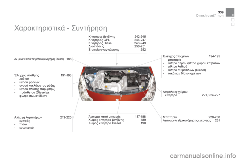 CITROEN DS3 2014  ΟΔΗΓΌΣ ΧΡΉΣΗΣ (in Greek) 339Οπτική αναζήτηση
 Χαρακτηριστικά - Συντήρηση  
Αν μείνετε από πετρέλαιο (κινητήρας Diesel)  1 8 8   
  Έλεγχος στάθμ