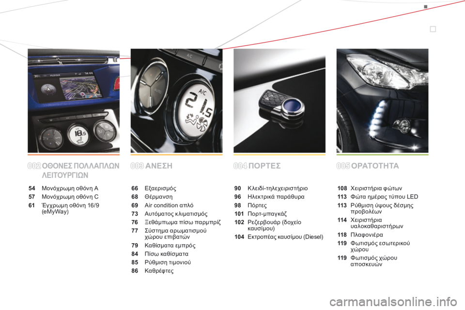 CITROEN DS3 2014  ΟΔΗΓΌΣ ΧΡΉΣΗΣ (in Greek) ΟΘΟΝΕΣ ΠΟΛΛΑΠΛΩΝ 
ΛΕΙΤΟΥΡΓΙΩΝΑΝΕΣΗΠΟΡΤΕΣΟ ΡΑΤ Ο Τ Η ΤΑ
54  Μονόχρωμη οθόνη Α
57  Μονόχρωμη οθόνη C
61  Έγχρωμη οθό