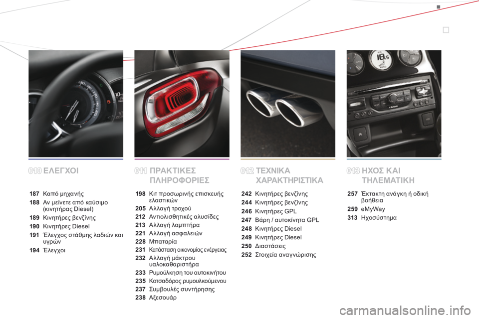 CITROEN DS3 2014  ΟΔΗΓΌΣ ΧΡΉΣΗΣ (in Greek) Ε ΛΕΓ ΧΟΙΠΡΑΚΤΙΚΕΣ 
ΠΛΗΡΟΦΟΡΙΕΣΤΕΧΝΙΚΑ 
ΧΑΡΑΚΤΗΡΙΣΤΙΚΑΗΧΟΣ ΚΑΙ 
Τ Η Λ Ε Μ ΑΤ Ι Κ Η
187  Καπό μηχανής
188  Αν μείνετ