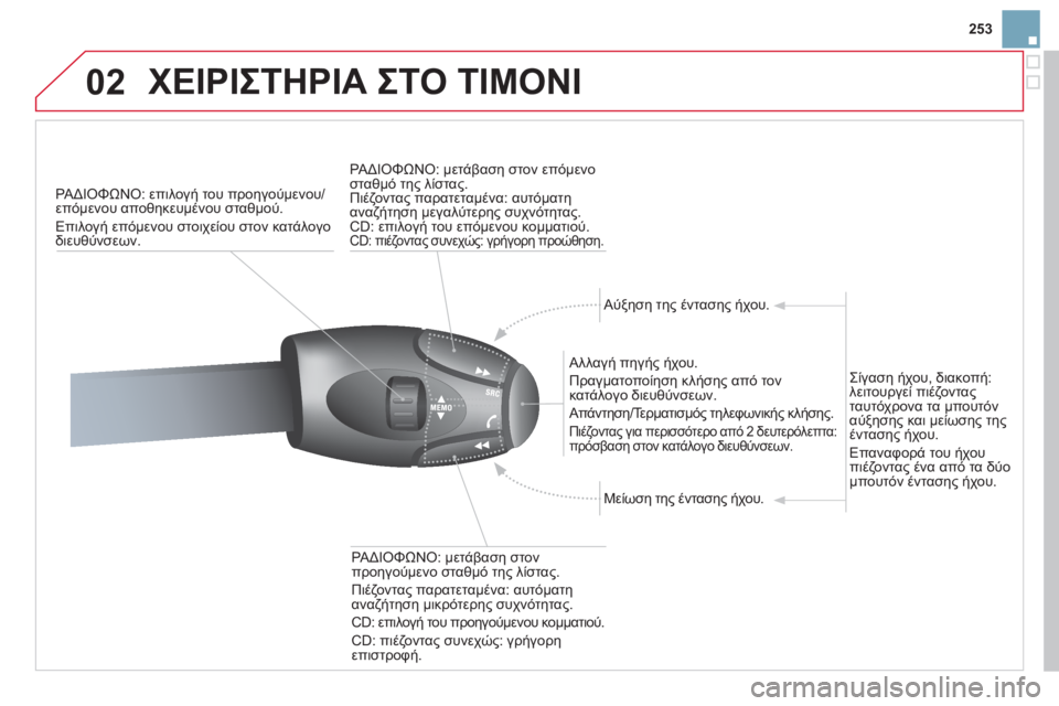 CITROEN DS3 2013  ΟΔΗΓΌΣ ΧΡΉΣΗΣ (in Greek) 253
02 ΧΕΙΡΙΣΤΗΡΙΑ ΣΤΟ ΤΙΜΟΝΙ 
   ΡΑΔΙΟΦΩΝΟ: επιλογή του προηγούμενου/επόμενου αποθηκευμένου σταθμού. 
 Επιλογή ε