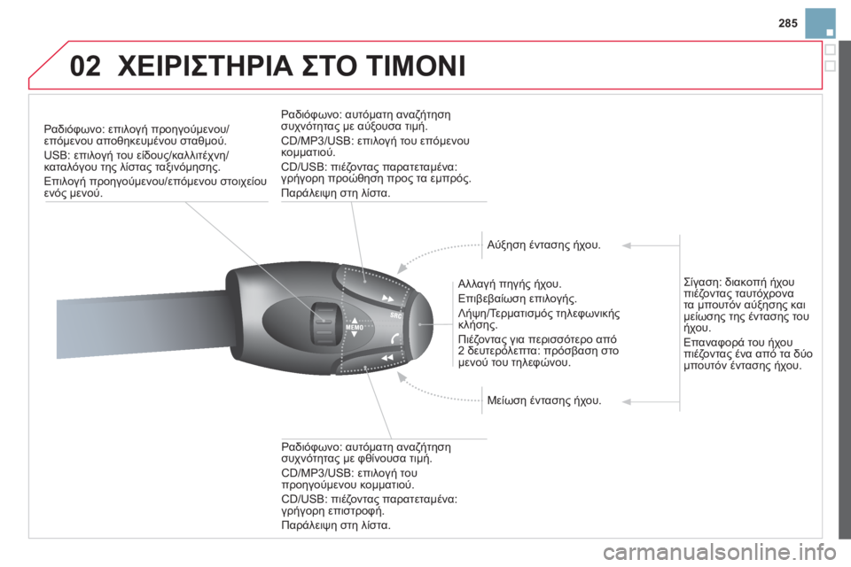 CITROEN DS3 2013  ΟΔΗΓΌΣ ΧΡΉΣΗΣ (in Greek) 285
02 ΧΕΙΡΙΣΤΗΡΙΑ ΣΤΟ ΤΙΜΟΝΙ 
Ραδιόφωνο: επιλογή προηγούμενου/επόμενου αποθηκευμένου σταθμού. 
 USB: επιλογή του 