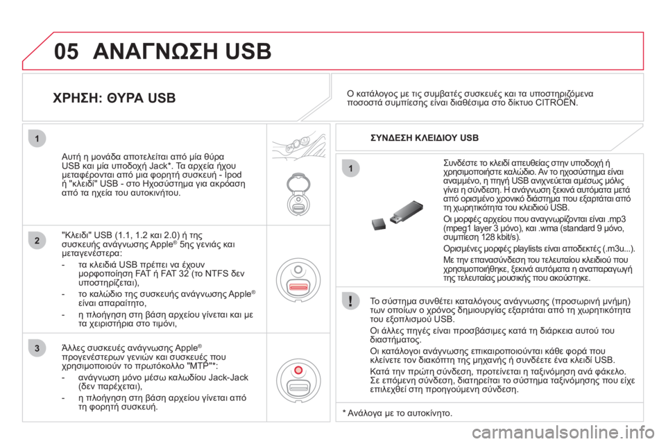 CITROEN DS3 2013 ΟΔΗΓΌΣ ΧΡΉΣΗΣ (in Greek) 05
1
1
2
3
ΑΝΑΓΝΩΣΗ USB
Το σύστημα συνθέτει καταλόγους ανάγνωσης (προσωρινή μνήμη) των οποίων ο χρόνος δημιουργί CITROEN DS3 2013 ΟΔΗΓΌΣ ΧΡΉΣΗΣ (in Greek) 05
1
1
2
3
ΑΝΑΓΝΩΣΗ USB
Το σύστημα συνθέτει καταλόγους ανάγνωσης (προσωρινή μνήμη) των οποίων ο χρόνος δημιουργί