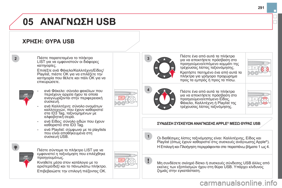 CITROEN DS3 2013 ΟΔΗΓΌΣ ΧΡΉΣΗΣ (in Greek) 291
3
4
05
2
1
LISTREFRESH
LISTREFRESH
ΧΡΗΣΗ: ΘΥΡΑ USB
Πιέστε σύντομα το πλήκτρο LIST για να εμφανιστεί η ταξινόμηση που επιλέχθ CITROEN DS3 2013 ΟΔΗΓΌΣ ΧΡΉΣΗΣ (in Greek) 291
3
4
05
2
1
LISTREFRESH
LISTREFRESH
ΧΡΗΣΗ: ΘΥΡΑ USB
Πιέστε σύντομα το πλήκτρο LIST για να εμφανιστεί η ταξινόμηση που επιλέχθ