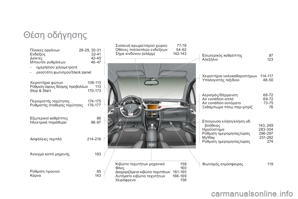 CITROEN DS3 2013 ΟΔΗΓΌΣ ΧΡΉΣΗΣ (in Greek) Θέση οδήγησης
Πίνακες οργάνων 28 -29, 30 -31 Ενδείξεις 32- 41 Δείκτες 42- 45 Μπουτόν ρυθμίσεων 46 - 47 - η μ ε ρ ή σ CITROEN DS3 2013 ΟΔΗΓΌΣ ΧΡΉΣΗΣ (in Greek) Θέση οδήγησης
Πίνακες οργάνων 28 -29, 30 -31 Ενδείξεις 32- 41 Δείκτες 42- 45 Μπουτόν ρυθμίσεων 46 - 47 - η μ ε ρ ή σ