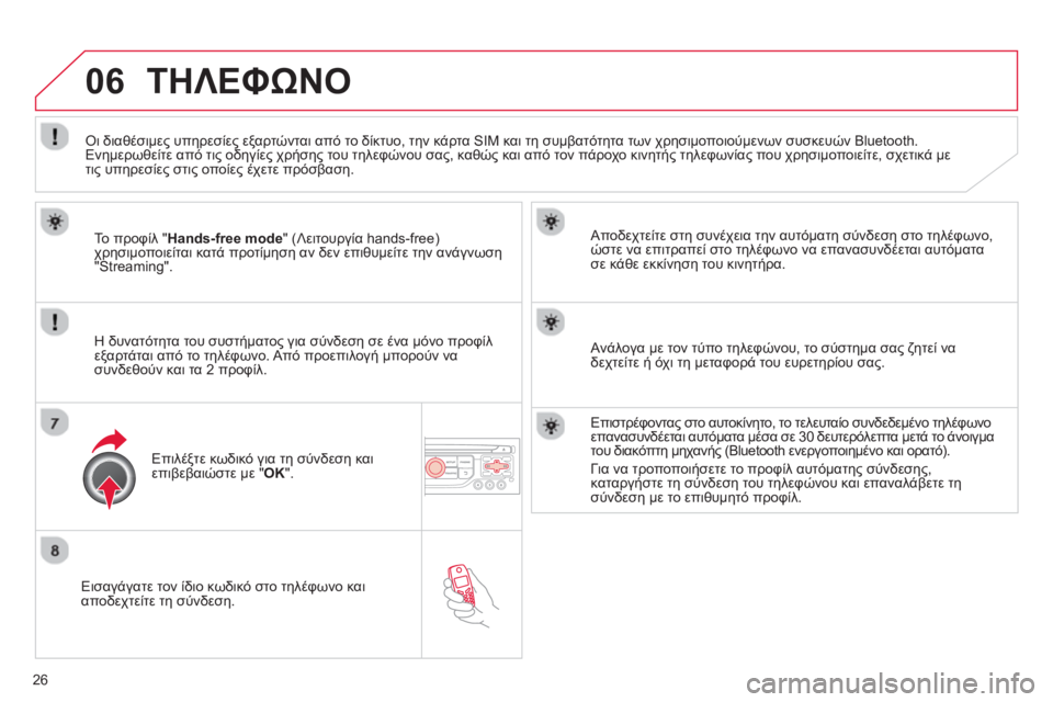 CITROEN DS3 2013 ΟΔΗΓΌΣ ΧΡΉΣΗΣ (in Greek) 26
06
Εισαγάγατε τον ίδιο κωδικό στο τηλέφωνο και
αποδεχτείτε τη σύνδεση.
Αποδεχτείτε στη συνέχεια την αυτ CITROEN DS3 2013 ΟΔΗΓΌΣ ΧΡΉΣΗΣ (in Greek) 26
06
Εισαγάγατε τον ίδιο κωδικό στο τηλέφωνο και
αποδεχτείτε τη σύνδεση.
Αποδεχτείτε στη συνέχεια την αυτ