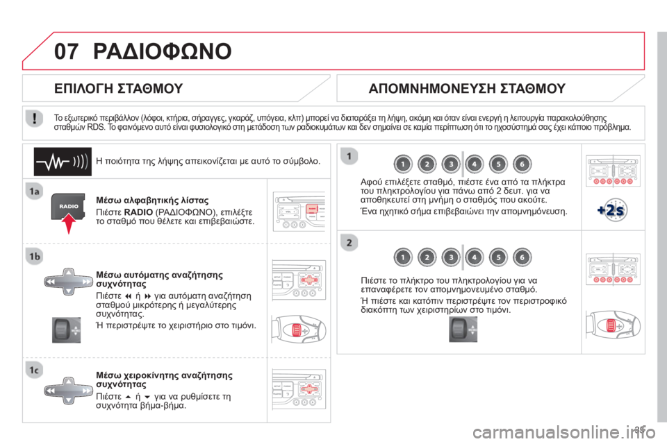 CITROEN DS3 2013 ΟΔΗΓΌΣ ΧΡΉΣΗΣ (in Greek) 35
07ΡΑΔΙΟΦΩΝΟ
Μέσω αλφαβητικής λίστας
Πι
έστε RADIO
(ΡΑΔΙΟΦΩΝΟ), επιλέξτε
το σταθμό που θέλετε και επιβεβαιώστε CITROEN DS3 2013 ΟΔΗΓΌΣ ΧΡΉΣΗΣ (in Greek) 35
07ΡΑΔΙΟΦΩΝΟ
Μέσω αλφαβητικής λίστας
Πι
έστε RADIO
(ΡΑΔΙΟΦΩΝΟ), επιλέξτε
το σταθμό που θέλετε και επιβεβαιώστε