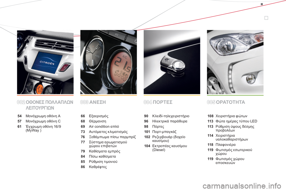 CITROEN DS3 2013  ΟΔΗΓΌΣ ΧΡΉΣΗΣ (in Greek) ΟΘΟΝΕΣ ΠΟΛΛΑΠΛΩΝ 
ΛΕΙΤΟΥΡΓΙΩΝΑΝΕΣΗΠΟΡΤΕΣΟ ΡΑΤ Ο Τ Η ΤΑ
54  Μονόχρωμη οθόνη Α
57  Μονόχρωμη οθόνη C
61  Έγχρωμη οθό