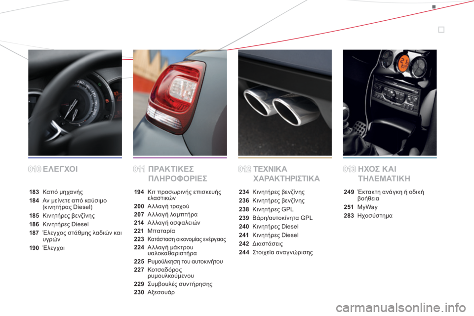 CITROEN DS3 2013  ΟΔΗΓΌΣ ΧΡΉΣΗΣ (in Greek) Ε ΛΕΓ ΧΟΙΠΡΑΚΤΙΚΕΣ 
ΠΛΗΡΟΦΟΡΙΕΣΤΕΧΝΙΚΑ 
ΧΑΡΑΚΤΗΡΙΣΤΙΚΑΗΧΟΣ ΚΑΙ 
Τ Η Λ Ε Μ ΑΤ Ι Κ Η
183  Καπό μηχανής
184  Αν μείνετ