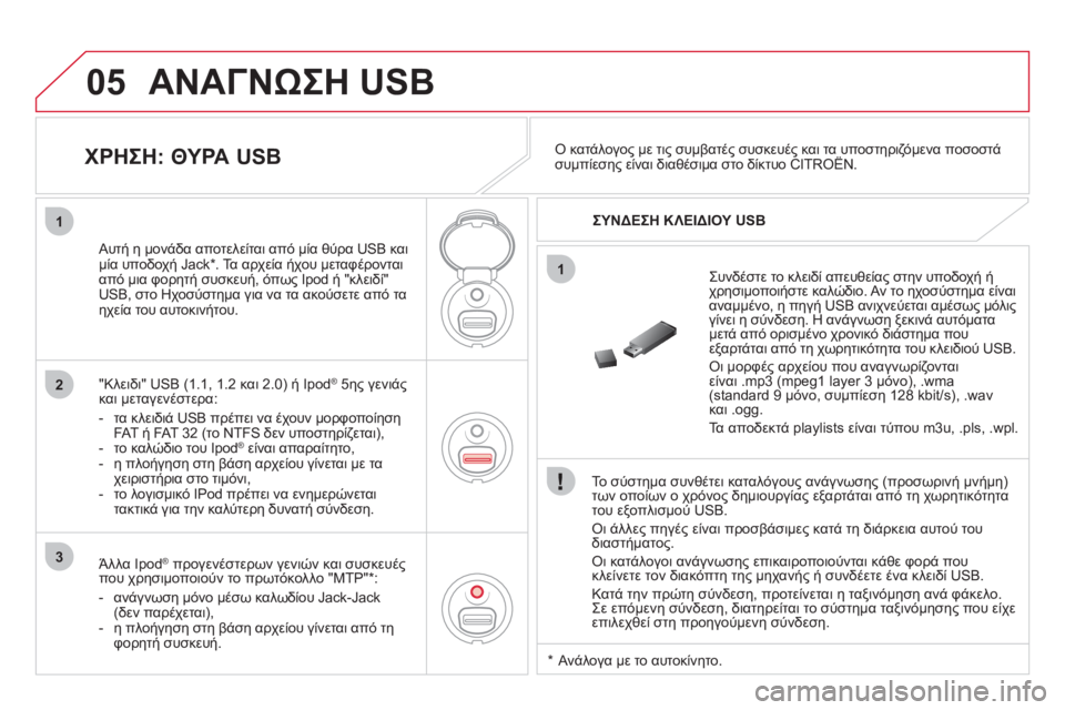 CITROEN DS3 2011 ΟΔΗΓΌΣ ΧΡΉΣΗΣ (in Greek) 05
1
1
2
3
ΑΝΑΓΝΩΣΗ USB
Το σύστημα συνθέτει καταλόγους ανάγνωσης (προσωρινή μνήμη)
των οποίων ο χρόνος δημιουρ CITROEN DS3 2011 ΟΔΗΓΌΣ ΧΡΉΣΗΣ (in Greek) 05
1
1
2
3
ΑΝΑΓΝΩΣΗ USB
Το σύστημα συνθέτει καταλόγους ανάγνωσης (προσωρινή μνήμη)
των οποίων ο χρόνος δημιουρ