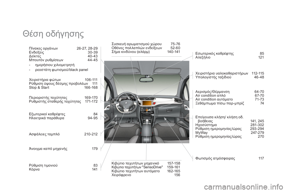 CITROEN DS3 2011 ΟΔΗΓΌΣ ΧΡΉΣΗΣ (in Greek) Θέση οδήγησης
Πίνακες οργάνων 26 -27, 28 -29
Ενδείξεις 30 -39
Δείκτες 40-43
Μπουτόν ρυθμίσεων 44-45
- ημερήσιου CITROEN DS3 2011 ΟΔΗΓΌΣ ΧΡΉΣΗΣ (in Greek) Θέση οδήγησης
Πίνακες οργάνων 26 -27, 28 -29
Ενδείξεις 30 -39
Δείκτες 40-43
Μπουτόν ρυθμίσεων 44-45
- ημερήσιου