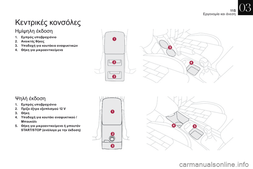 CITROEN DS4 2017  ΟΔΗΓΌΣ ΧΡΉΣΗΣ (in Greek) 11 5
DS4_el_Chap03_ergonomie-et-confort_ed01-2016
ημίψηλη έκδοση
1. Εμπρός υποβραχιόνιο
2. Ανοικτές θήκες
3.
 Υ

ποδοχή για κουτάκια αν