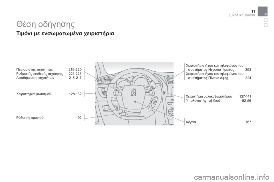 CITROEN DS4 2016  ΟΔΗΓΌΣ ΧΡΉΣΗΣ (in Greek) 11
DS4_el_Chap00b_vue-ensemble_ed03-2015
Θέση οδήγησης
Τιμόνι με ενσωματωμένα χειριστήρια
Περιοριστής ταχύτητας 218 -220ρυθμιστή