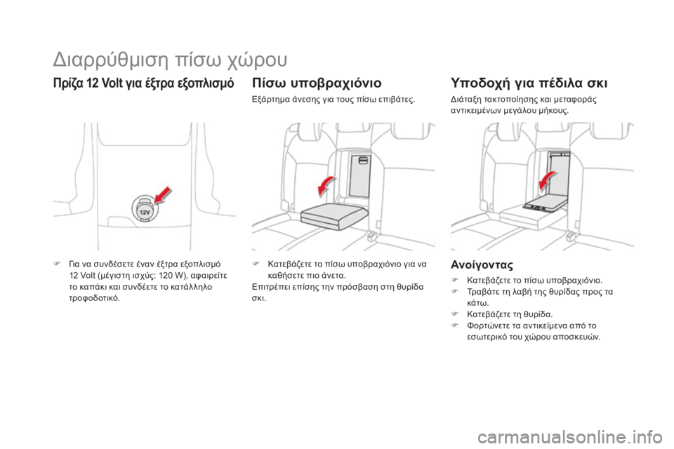 CITROEN DS4 2016  ΟΔΗΓΌΣ ΧΡΉΣΗΣ (in Greek) DS4_el_Chap04_amenagement_ed03-2015
Ανοίγον τας
F Κατεβάζετε το πίσω υποβραχιόνιο.
F Τ ραβάτε τη λαβή της θυρίδας προς τα 
κάτω.
