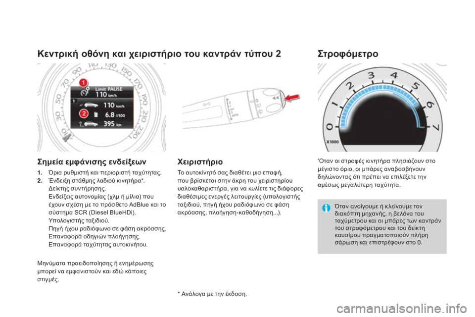 CITROEN DS4 2016 ΟΔΗΓΌΣ ΧΡΉΣΗΣ (in Greek) DS4_el_Chap01_controle-de-marche_ed03-2015
Κεντρική οθόνη και χειριστήριο του καντράν τύπου 2
Σημεία εμφάνισης ενδείξεων
1. Όρια CITROEN DS4 2016 ΟΔΗΓΌΣ ΧΡΉΣΗΣ (in Greek) DS4_el_Chap01_controle-de-marche_ed03-2015
Κεντρική οθόνη και χειριστήριο του καντράν τύπου 2
Σημεία εμφάνισης ενδείξεων
1. Όρια