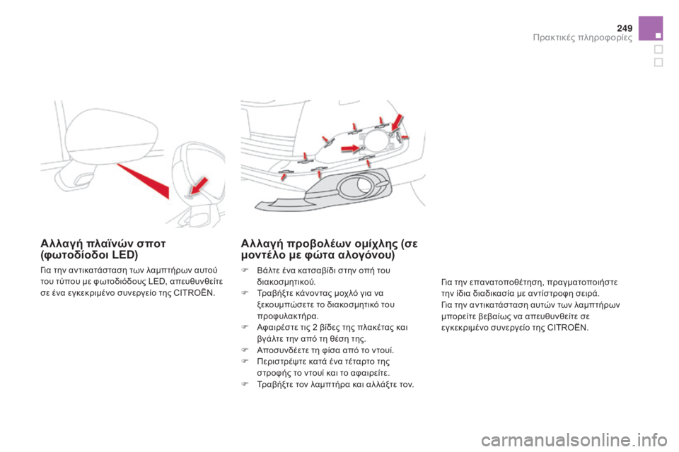 CITROEN DS4 2016  ΟΔΗΓΌΣ ΧΡΉΣΗΣ (in Greek) 249
DS4_el_Chap09_info-pratiques_ed03-2015
Αλλαγή πλαϊνών σποτ 
(φωτοδίοδοι LED)
για την αντικατάσταση των λαμπτήρων αυτού 
του τύπ