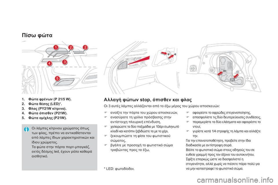 CITROEN DS4 2016 ΟΔΗΓΌΣ ΧΡΉΣΗΣ (in Greek) DS4_el_Chap09_info-pratiques_ed03-2015
1. Φώτα φρένων (P 21/5 W).
2. Φώτα θέσης (LED) *.
3.
Φ
λας (PY21W κίτρινο) .
4.
Φ
ώτα όπισθεν (P21W).
5.
Φ
ώτα CITROEN DS4 2016 ΟΔΗΓΌΣ ΧΡΉΣΗΣ (in Greek) DS4_el_Chap09_info-pratiques_ed03-2015
1. Φώτα φρένων (P 21/5 W).
2. Φώτα θέσης (LED) *.
3.
Φ
λας (PY21W κίτρινο) .
4.
Φ
ώτα όπισθεν (P21W).
5.
Φ
ώτα