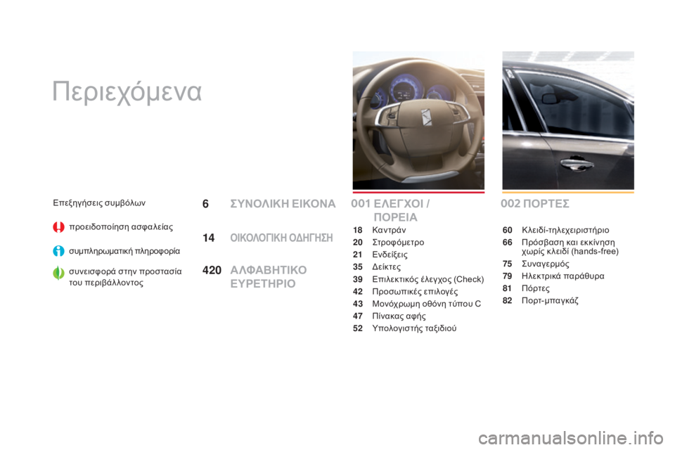 CITROEN DS4 2016  ΟΔΗΓΌΣ ΧΡΉΣΗΣ (in Greek) DS4_el_Chap00a_sommaire_ed03-2015
Περιεχόμενα
ΠΟΡΤΕΣ
60 Κλειδί-τηλεχειριστήριο
66
 Π
ρόσβαση και εκκίνηση 
χωρίς κ λειδί (hands-free