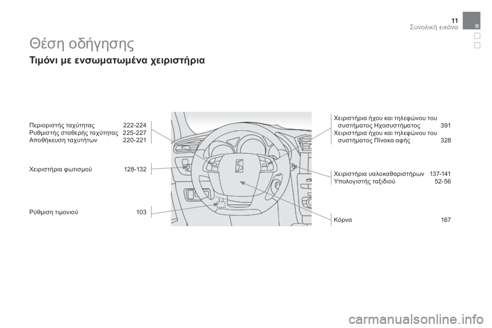 CITROEN DS4 2015  ΟΔΗΓΌΣ ΧΡΉΣΗΣ (in Greek) 11
DS4_el_Chap00b_vue-ensemble_ed02-2015
Θέση οδήγησης
Τιμόνι με ενσωματωμένα χειριστήρια
Περιοριστής ταχύτητας 222-224ρυ
θμιστή