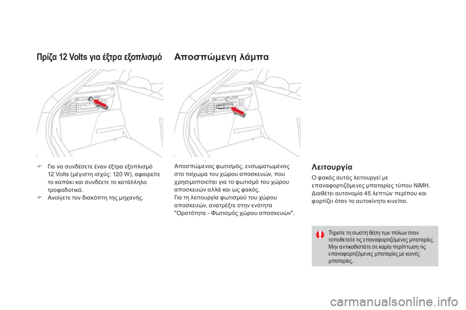 CITROEN DS4 2015  ΟΔΗΓΌΣ ΧΡΉΣΗΣ (in Greek) DS4_el_Chap04_amenagement_ed02-2015
F  για να συνδέσετε έναν έξτρα εξοπλισμό 12 Volts (μέγιστη ισχύς: 120 W), αφαιρείτε 
το καπάκι και 
