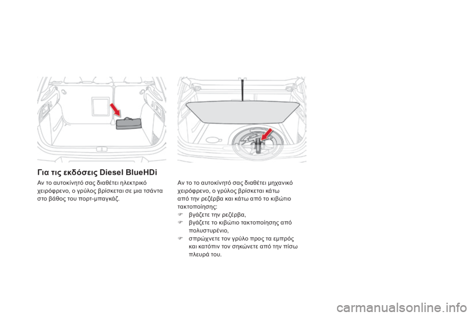CITROEN DS4 2015  ΟΔΗΓΌΣ ΧΡΉΣΗΣ (in Greek) DS4_el_Chap10_info-pratiques_ed02-2015
Για τις εκδόσεις Diesel BlueHDi
Αν το το αυτοκίνητό σας διαθέτει μηχανικό 
χειρόφρενο, ο γρύλος