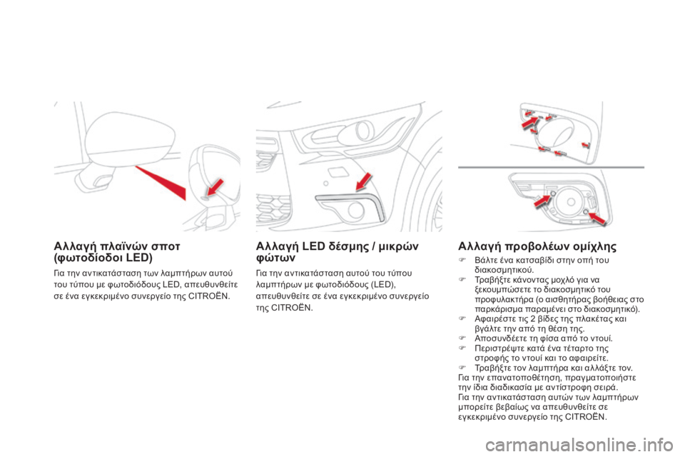 CITROEN DS4 2015 ΟΔΗΓΌΣ ΧΡΉΣΗΣ (in Greek) DS4_el_Chap10_info-pratiques_ed02-2015
Αλλαγή πλαϊνών σποτ
(φωτοδίοδοι LED)
για την αντικατάσταση των λαμπτήρων αυτού
του τύπου CITROEN DS4 2015 ΟΔΗΓΌΣ ΧΡΉΣΗΣ (in Greek) DS4_el_Chap10_info-pratiques_ed02-2015
Αλλαγή πλαϊνών σποτ
(φωτοδίοδοι LED)
για την αντικατάσταση των λαμπτήρων αυτού
του τύπου