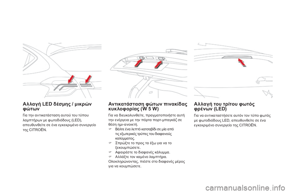 CITROEN DS4 2015  ΟΔΗΓΌΣ ΧΡΉΣΗΣ (in Greek) DS4_el_Chap10_info-pratiques_ed02-2015
Αλλαγή LED δέσμης / μικρών 
φώτωνΑντικατάσταση φώτων πινακίδας 
κυκλοφορίας (W 5 W)Αλλαγή το