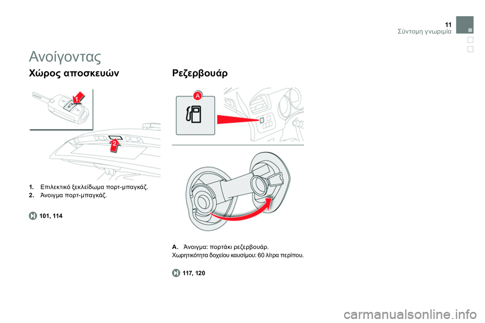 CITROEN DS4 2014  ΟΔΗΓΌΣ ΧΡΉΣΗΣ (in Greek) 11Σύντομη γνωριμία
 
 
117,  12 0 
 
     
 
A. 
 Άνοιγμα: πορτάκι ρεζερβουάρ.  
 
Χωρητικότητα δοχείου καυσίμου: 60 λίτρα περ