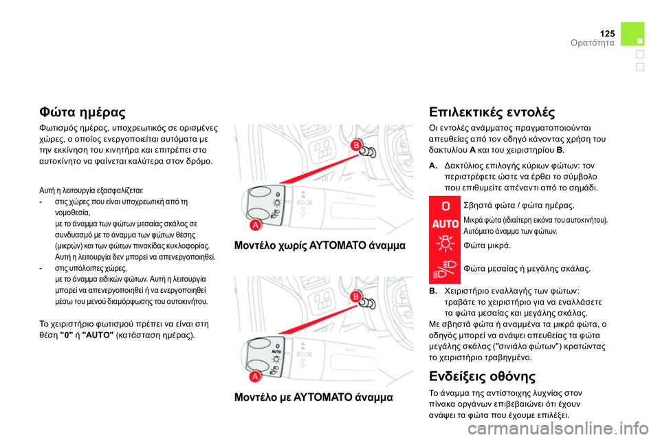 CITROEN DS4 2014 ΟΔΗΓΌΣ ΧΡΉΣΗΣ (in Greek) 125Ορατότητα
Μοντέλο χωρίς ΑΥΤΟΜΑΤΟ άναμμα
Μοντέλο με ΑΥΤΟΜΑΤΟ άναμμα
Επιλεκτικές εντολές
Οι CITROEN DS4 2014 ΟΔΗΓΌΣ ΧΡΉΣΗΣ (in Greek) 125Ορατότητα
Μοντέλο χωρίς ΑΥΤΟΜΑΤΟ άναμμα
Μοντέλο με ΑΥΤΟΜΑΤΟ άναμμα
Επιλεκτικές εντολές
Οι