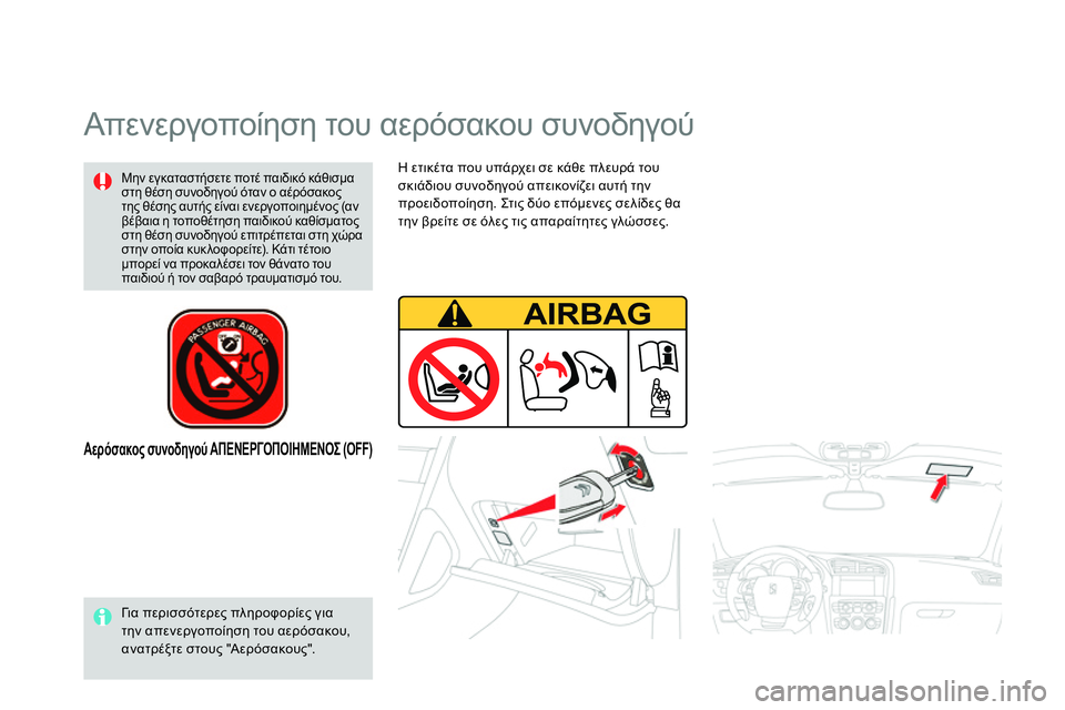 CITROEN DS4 2014  ΟΔΗΓΌΣ ΧΡΉΣΗΣ (in Greek)    
Η ετικέτα που υπάρχει σε κάθε πλευρά του 
σκιάδιου συνοδηγού απεικονίζει αυτή την 
προειδοποίηση. Στ ις δύο 