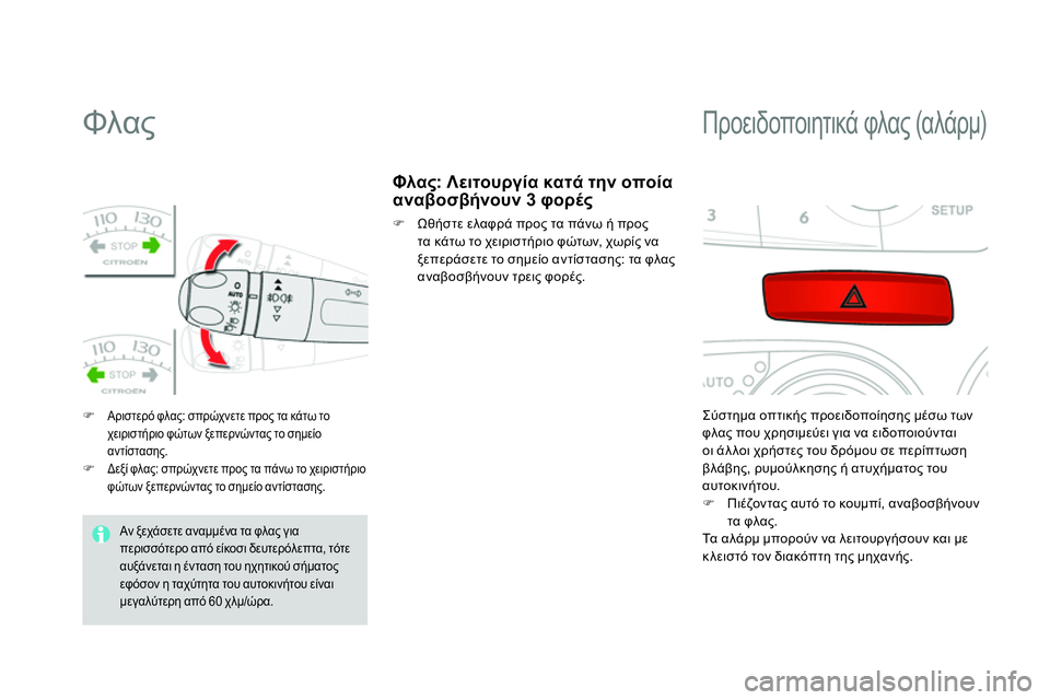 CITROEN DS4 2014  ΟΔΗΓΌΣ ΧΡΉΣΗΣ (in Greek)    
 
 
 
 
 
 
 
 
 
 
Φλας 
 
 
 
 
 Αριστερό φλας: σπρώχνετε προς τα κάτω το 
χειριστήριο φώτων ξεπερνώντας το σημείο 
α