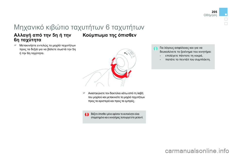 CITROEN DS4 2014  ΟΔΗΓΌΣ ΧΡΉΣΗΣ (in Greek) 205Οδήγηση
   
 
 
 
 
 
 
 
Μηχανικό κιβώτιο ταχυτήτων 6 ταχυτήτων 
 
 
 
 
 Ανασηκώνετε τον δακτύλιο κάτω από τη λαβή 
