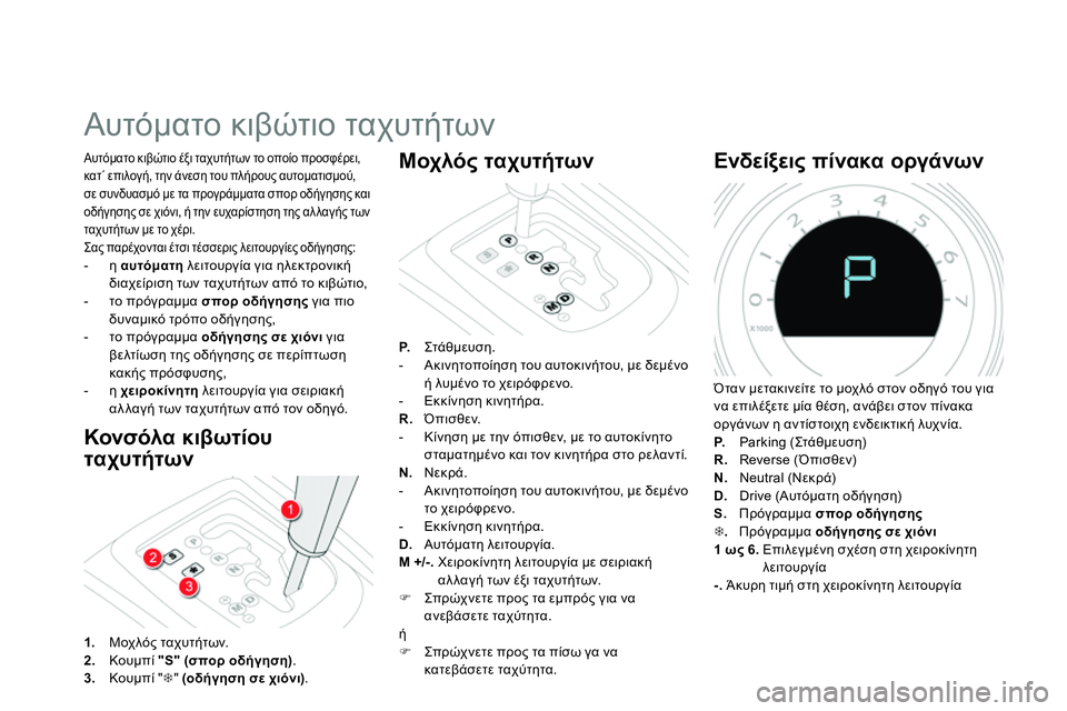 CITROEN DS4 2014 ΟΔΗΓΌΣ ΧΡΉΣΗΣ (in Greek)
Αυτόματο κιβώτιο ταχυτήτων
Κονσόλα κιβωτίου
ταχυτήτων
Αυτόματο κιβώτιο έξι ταχυτήτων τ CITROEN DS4 2014 ΟΔΗΓΌΣ ΧΡΉΣΗΣ (in Greek)
Αυτόματο κιβώτιο ταχυτήτων
Κονσόλα κιβωτίου
ταχυτήτων
Αυτόματο κιβώτιο έξι ταχυτήτων τ