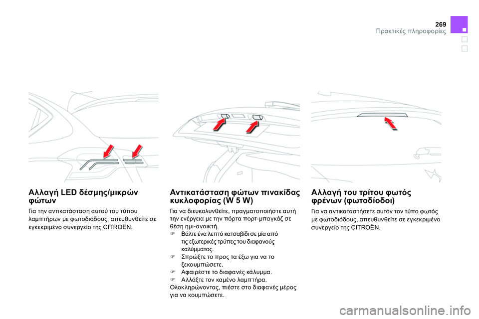 CITROEN DS4 2014  ΟΔΗΓΌΣ ΧΡΉΣΗΣ (in Greek) 269Πρακτικές πληροφορίες
 
 
 
Αλλαγή LED δέσμης/μικρών 
φώτων 
    
 
 
 
 
 
 
Αν τικατάσ ταση φώτων πινακίδας 
κυκλοφορ