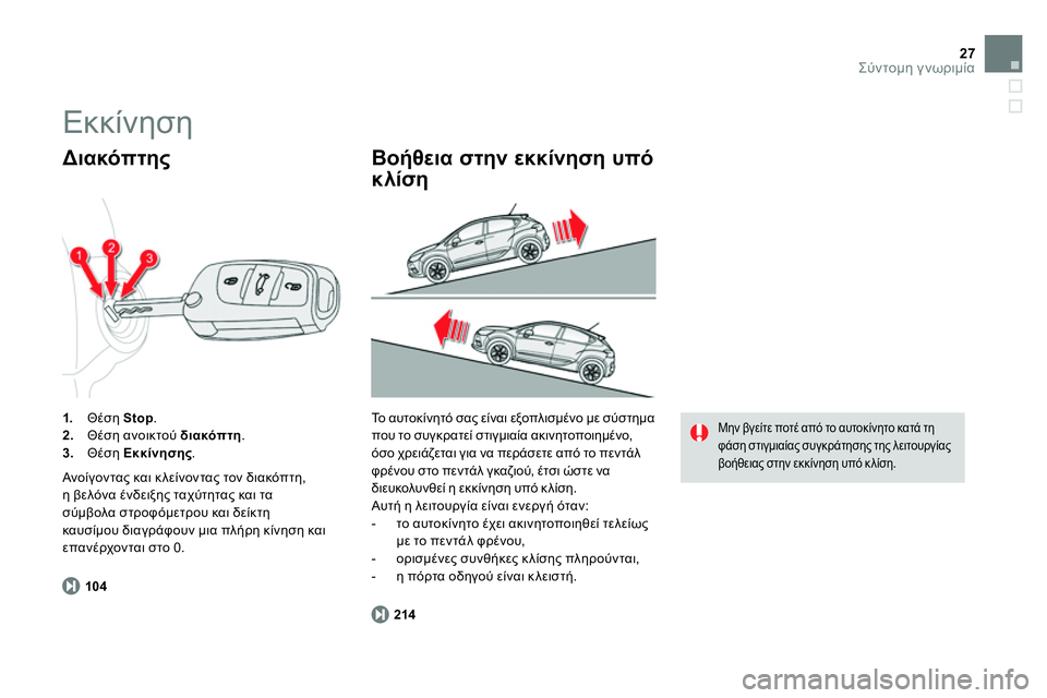 CITROEN DS4 2014  ΟΔΗΓΌΣ ΧΡΉΣΗΣ (in Greek) 27Σύντομη γνωριμία
 
 
104 
 
     
 
1. 
 Θέση  Stop 
. 
   
2. 
 Θέση ανοικτού  διακόπτη 
. 
   
3. 
 Θέση  Εκκίνησης 
.  
 
 
Διακόπτης 