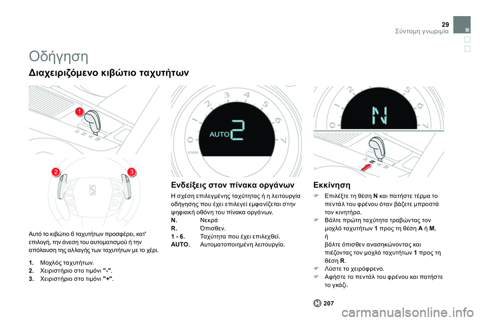 CITROEN DS4 2014  ΟΔΗΓΌΣ ΧΡΉΣΗΣ (in Greek) 29Σύντομη γνωριμία
 
Οδήγηση 
 
Αυτό το κιβώτιο 6 ταχυτήτων προσφέρει, κατ 
επιλογή, την άνεση του αυτοματισμού 