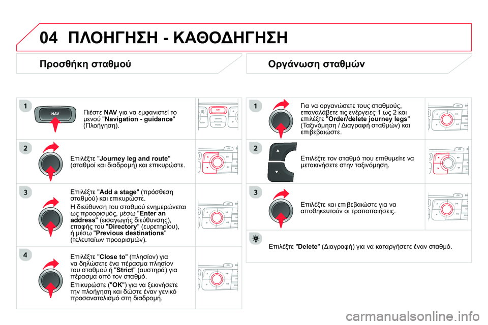 CITROEN DS4 2014  ΟΔΗΓΌΣ ΧΡΉΣΗΣ (in Greek) 04  ΠΛΟΗΓΗΣΗ - ΚΑΘΟΔΗΓΗΣΗ 
 
 
Προσθήκη σταθμού 
 
 
Πιέστε  NAV 
 για να εμφανιστεί το 
μενού " Navigation - guidance 
" 
(Πλοήγησ