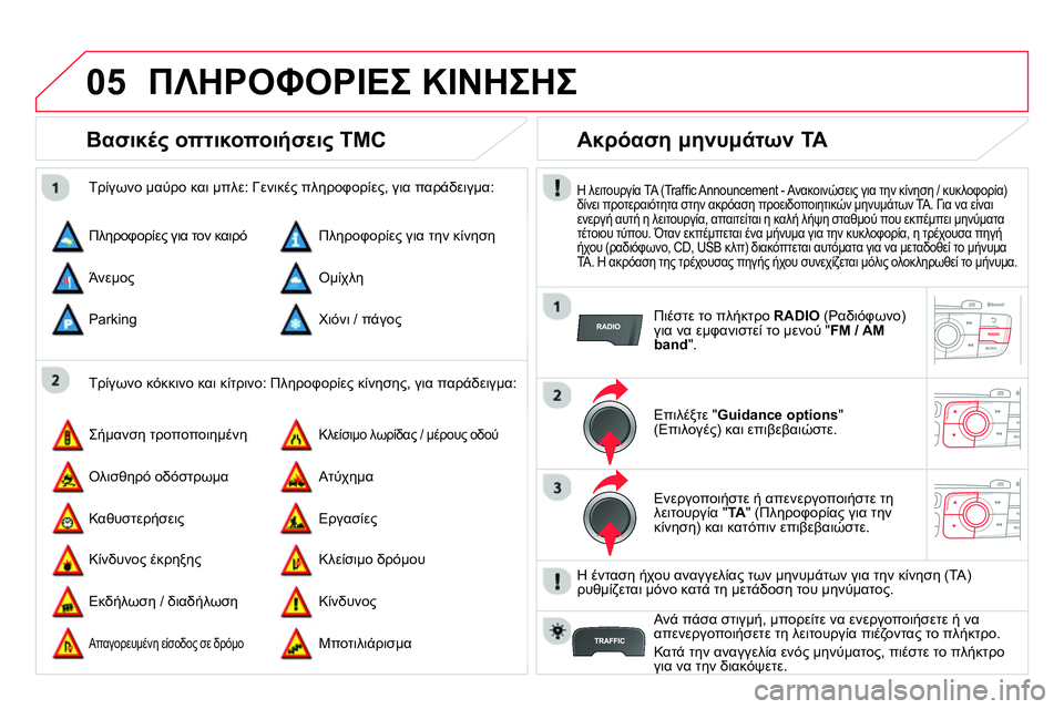 CITROEN DS4 2014  ΟΔΗΓΌΣ ΧΡΉΣΗΣ (in Greek) 05  ΠΛΗΡΟΦΟΡΙΕΣ ΚΙΝΗΣΗΣ 
 
 
 
 
 
 
 
Βασικές οπτικοποιήσεις TMC 
 
 
Τρίγωνο κόκκινο και κίτρινο: Πληροφορίες κίνησης
