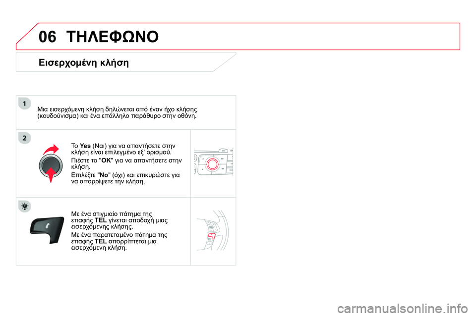 CITROEN DS4 2014  ΟΔΗΓΌΣ ΧΡΉΣΗΣ (in Greek) 06  ΤΗΛΕΦΩΝΟ 
 
 
Εισερχομένη κλήση 
 
 
Μια εισερχόμενη κλήση δηλώνεται από έναν ήχο κλήσης 
(κουδούνισμα) και ένα