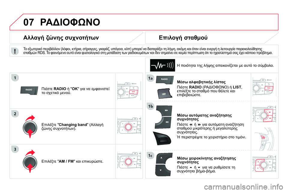 CITROEN DS4 2014  ΟΔΗΓΌΣ ΧΡΉΣΗΣ (in Greek) 07  ΡΑΔΙΟΦΩΝΟ 
 
 
Μέσω αλφαβητικής λίστας 
  Πιέστε  RADIO 
 (ΡΑΔΙΟΦΩΝΟ) ή  LIST 
, 
επιλέξτε το σταθμό που θέλετε και 
επ