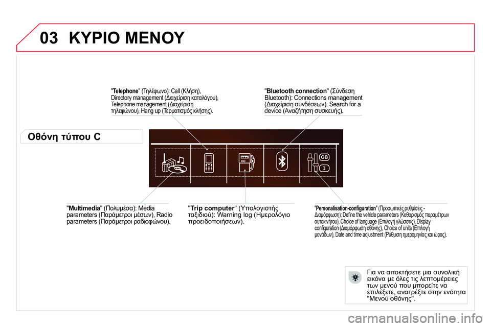 CITROEN DS4 2014  ΟΔΗΓΌΣ ΧΡΉΣΗΣ (in Greek) 03
   
" Multimedia 
" (Πολυμέσα): Media 
parameters (Παράμετροι μέσων), Radio 
parameters (Παράμετροι ραδιοφώνου).   
 
" Trip computer 
" (Υπολογισ
