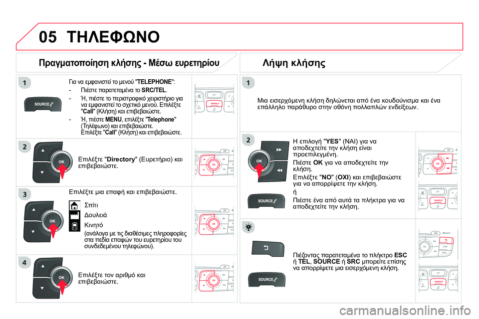 CITROEN DS4 2014  ΟΔΗΓΌΣ ΧΡΉΣΗΣ (in Greek)  
  
05  ΤΗΛΕΦΩΝΟ 
 
 
Για να εμφανιστεί το μενού " TELEPHONE 
": 
 
 
 
-  Πιέστε παρατεταμένα το  SRC/TEL 
. 
 
 
-  Ή, πιέστε το περι