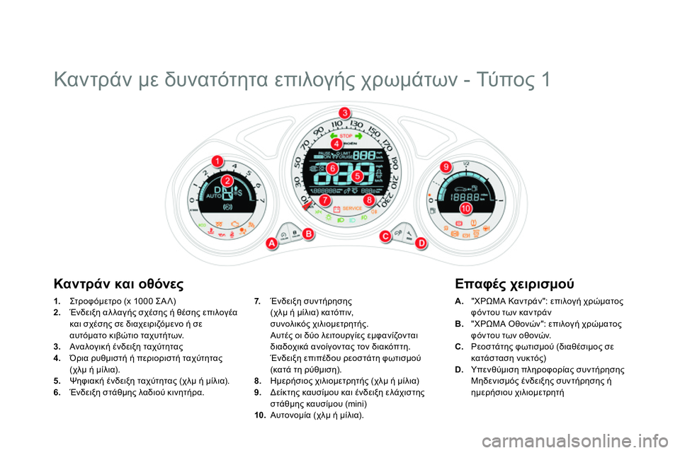 CITROEN DS4 2014  ΟΔΗΓΌΣ ΧΡΉΣΗΣ (in Greek)    
 
 
 
 
 
 
 
 
 
 
 
 
 
 
 
 
Καντράν με δυνατότητα επιλογής χρωμάτων - Τύπο ς 1 
 
 
 
1. 
 Στρ ο φ όμε τρ ο (x 1000 ΣΑΛ) 
   
2. 
 Ένδ